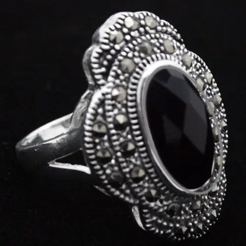 

24*16mm Rare 925 Sterling Silver Natural Black Faceted Natural JADE Marcasite Ring Sz 7/8/9/10