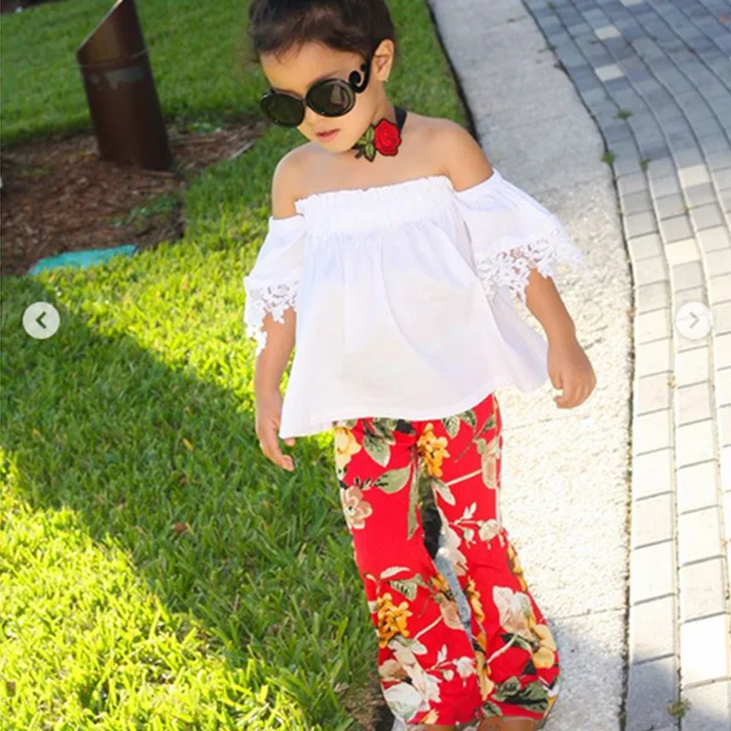 Sistersnew summer 2018 European and American girls dress with short sleeves a word shoulder printed pants suit undertakes | Детская
