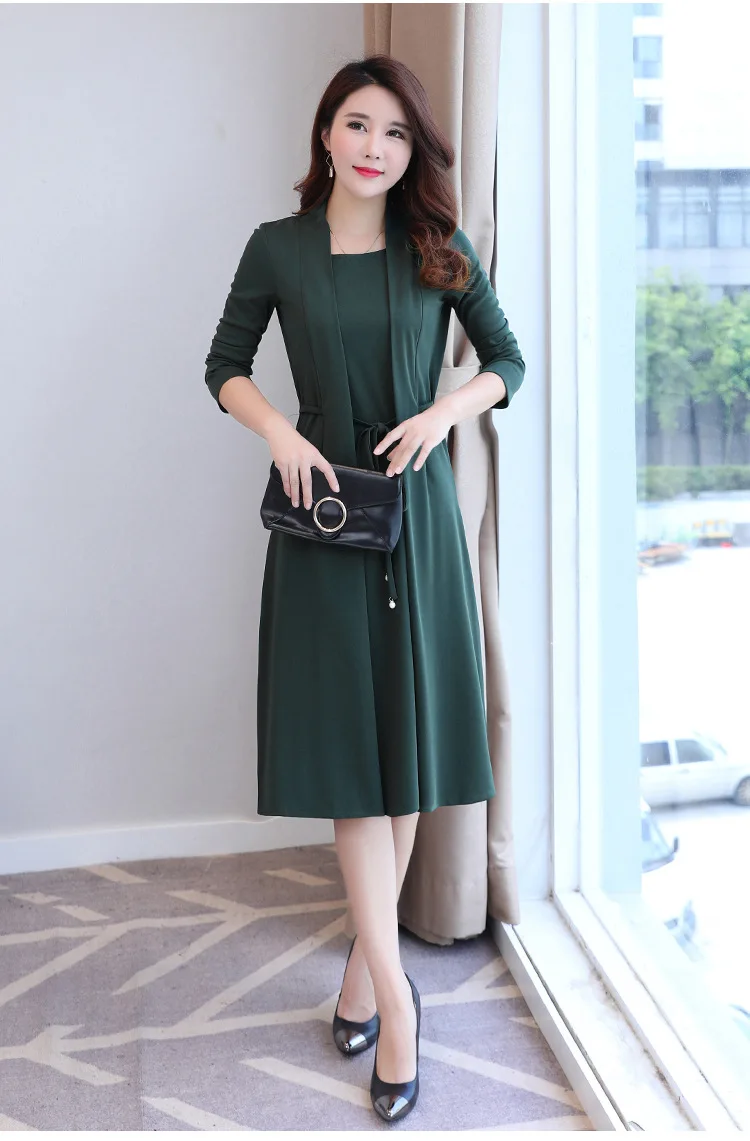 

2019 autumn large size middle-aged Fake Two Pieces Dress Women Plus Size Patchwork Long Sleeve With Belt Dresses Vintage Vestido