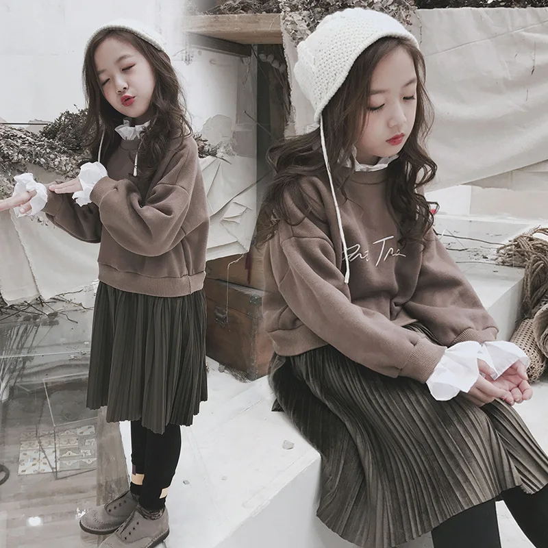 Kids Hoodies Style Dress 3-12Years Students Girls Casual Pleated Fake Two Pieces Cotton Tops Printed Dresses Cute Vestidos | Детская