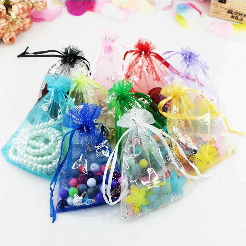 

500pcs/lot 9x12cm Mixed Colors Organza Bag ,Silver Butterfly Pattern Wedding Jewelry Packaging Pouches,Nice Gift Bags