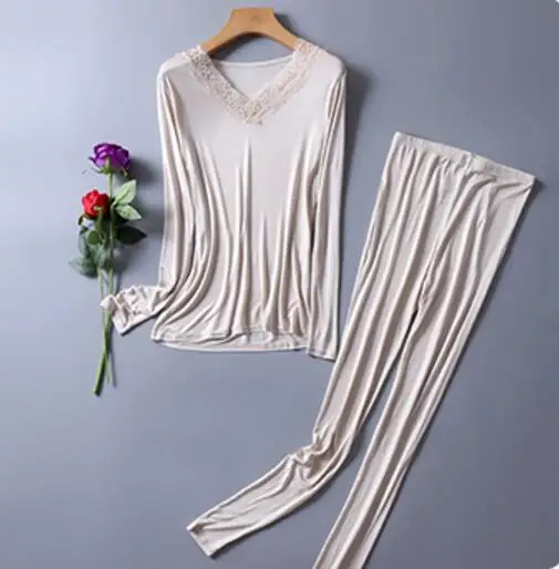 beige 50% шелк 50% вискоза женское базовый слой теплое термобелье кальсоны набор M L XL SG383 - Цвет: beige