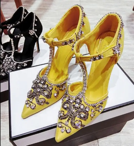 Женские вечерние туфли с Т образным ремешком желтого черного или синего цвета в