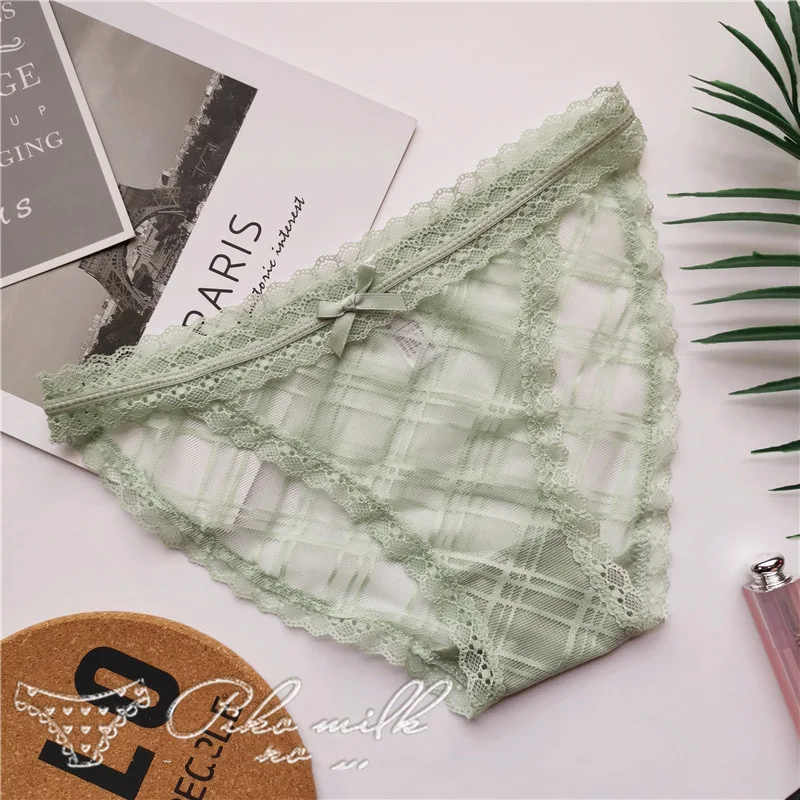green SP& CITY, милые прозрачные кружевные трусики с бантиком, женские сексуальные открытые сетчатые бесшовные трусики с цветочным рисунком, женское хлопковое нижнее белье - Цвет: green
