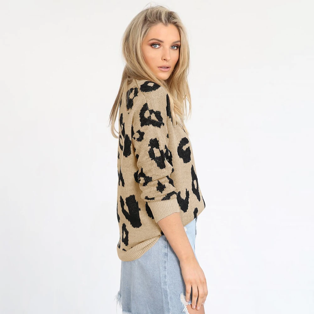 Women Fashion New Loose Sweater Trend O-Neck Leopard Long Sleeve Pullovers Female Spring Autumn Solid Tops | Женская одежда