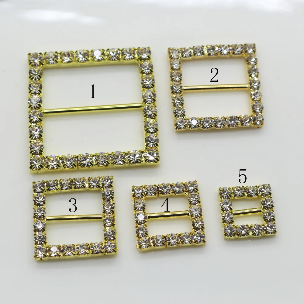 Блестящий Квадрат 10 шт. золотой пряжкой Rhinestone Diamante Лента слайдер Свадебное приглашение украшения пряжки металла кристалл
