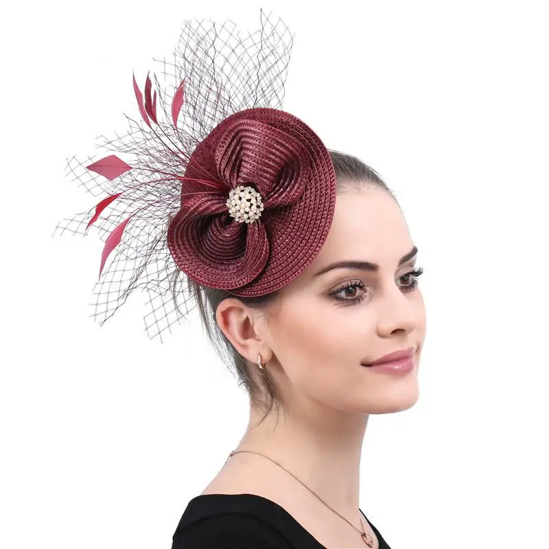 

New Bridal Handmade Bow-knot Feather Beading Mesh Headdress Wedding Annual Meeting Ladies Vintage Hair Accessories Small Hats