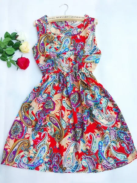 Сексуальное летнее осеннее платье с принтом Vestidos, женское повседневное богемное платье без рукавов с цветочным рисунком, тонкое пляжное шифоновое платье с круглым вырезом, винтажное синее платье