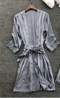 gray BZEL, сексуальные женские халаты, кружевной халат, женская пижама, атласная шелковая Домашняя одежда, женское белье, пижамы, Mujer Pijamas, пижама, одежда для сна - Цвет: gray