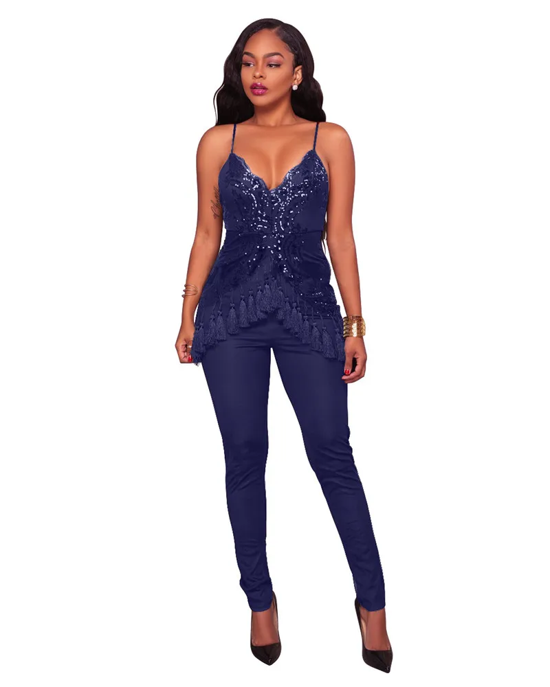 Женский Блестящий Комбинезон с V образным вырезом и открытой спиной|sequined jumpsuit and