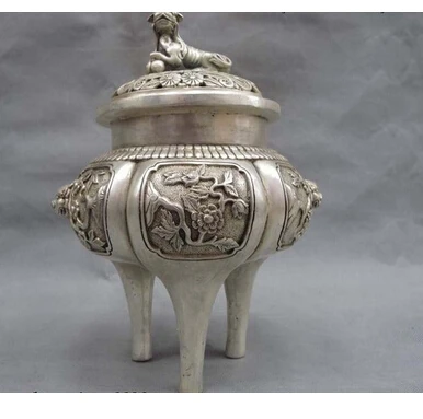 

decoration Tibet copper silver 11 Tibet buddhism white Copper silver foo dog lion flower censer incense burner