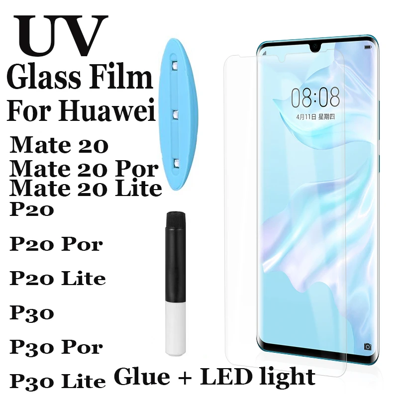 Нано жидкое полное клеевое УФ стекло для huawei P20 P30 закаленное Por Lite защитное