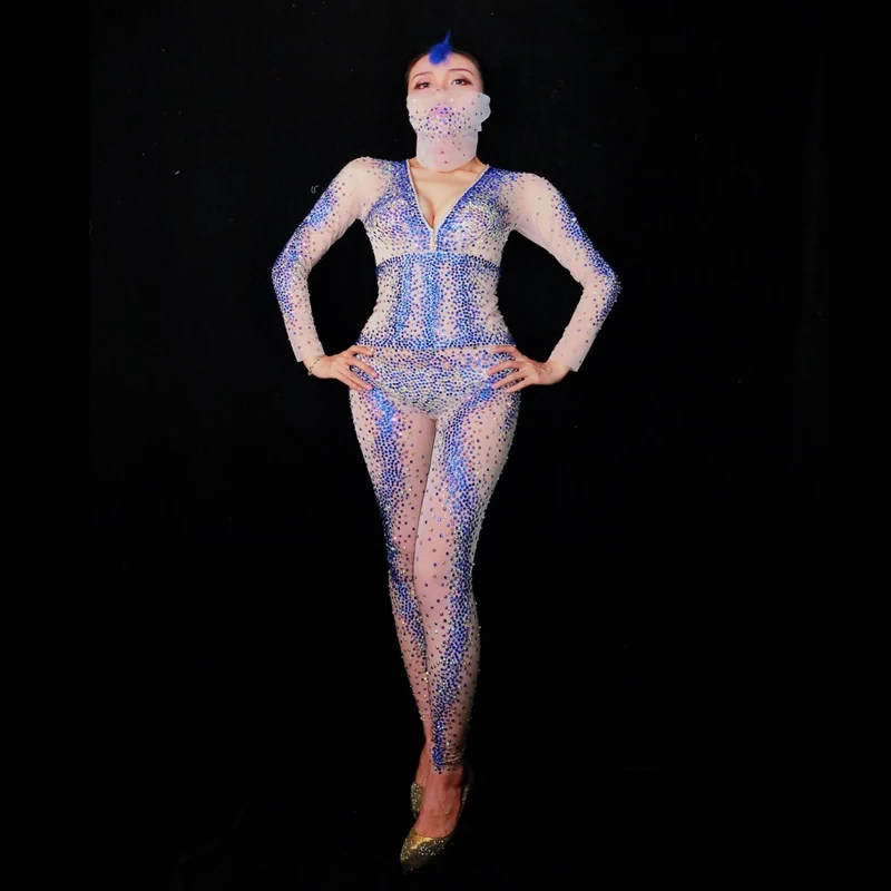 

2021 Women New Sexy Skinny Rhinestones Jumpsuit Crystals Mesh Perspective Female Singer Party Performance Catwalk Stage Outfit