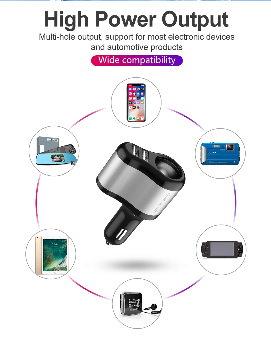 Jellico 3.1A 2 usb порта и прикуриватель автомобильное зарядное устройство 3.1A мобильный телефон Универсальная Быстрая зарядка для IPhone samsung Зарядка