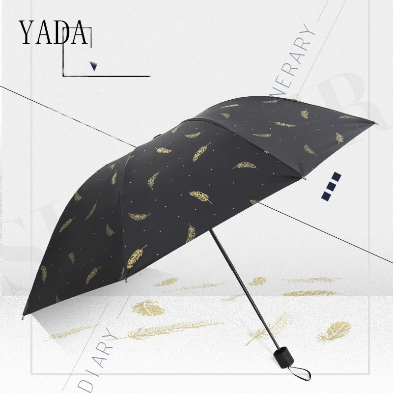 

YADA High Quality Gold Feather Black Coating Umbrella Rain Women Umbrella For Womens Windproof Folding Leaves Umbrellas YS031