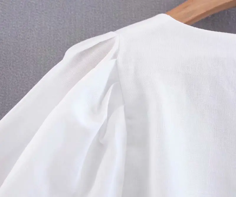 2019 Летняя женская винтажная блуза с v-образным вырезом и рукавом-Бишопом белая