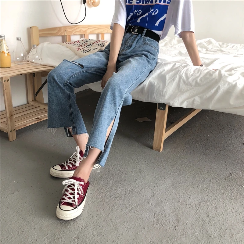 2020 summer fashion crooped denim pants with hole high waist flare jeans split at hem | Женская одежда