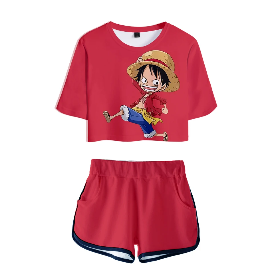 

One Piece 3D Printed Women Summer Two Piece Sets Fashion Short Sleeve Crop Tops+Shorts Popular Anime 2018 Casual Girls Sexy Wear