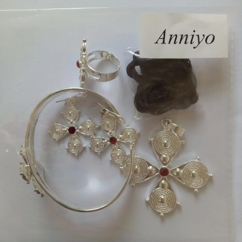 Anniyo Эфиопский серебряный цвет крест набор ювелирных изделий кулон веревка серьги кольцо браслет Эритрейская Африка Свадебный подарок# 001406B