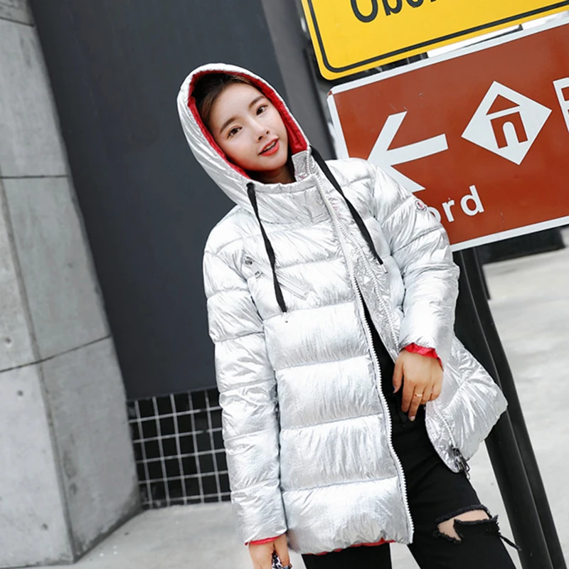 2018 New Fashion Metal Silver Black Color Hooded ackets Coats Women's Winter Warm Down Cotton Padded Short Parkas Outwear | Женская