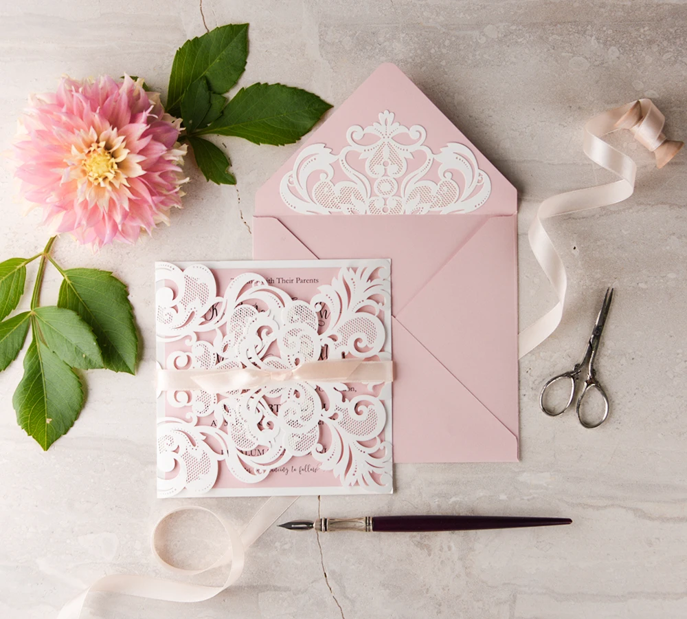 Розовая свадьба карты invitaiton кружева свадебные приглашения с лентой лук двойной
