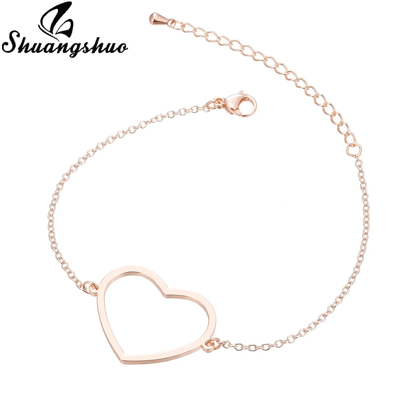 Rose Bracelet Shuangshuo, очаровательные браслеты в форме сердца для женщин, браслеты из нержавеющей стали, серебряные ювелирные изделия, двойное сердце, браслеты с подвесками, женские подарки - Окраска металла: Rose Bracelet