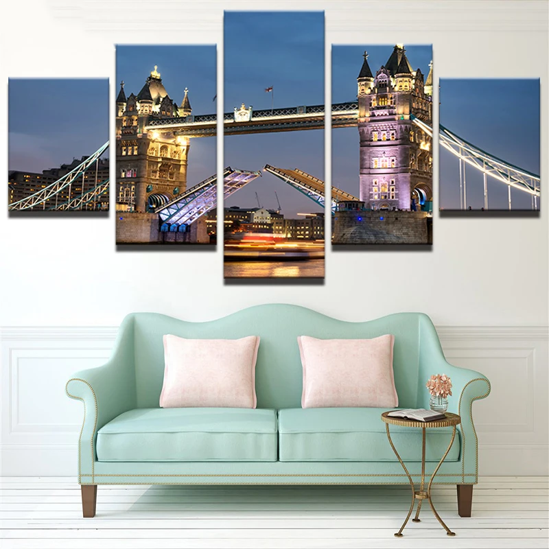 Painting Modern Room Decor Pictures Wall Art Canvas Oil 5 Panel London Tower Bridge Night Landscape Home | Дом и сад