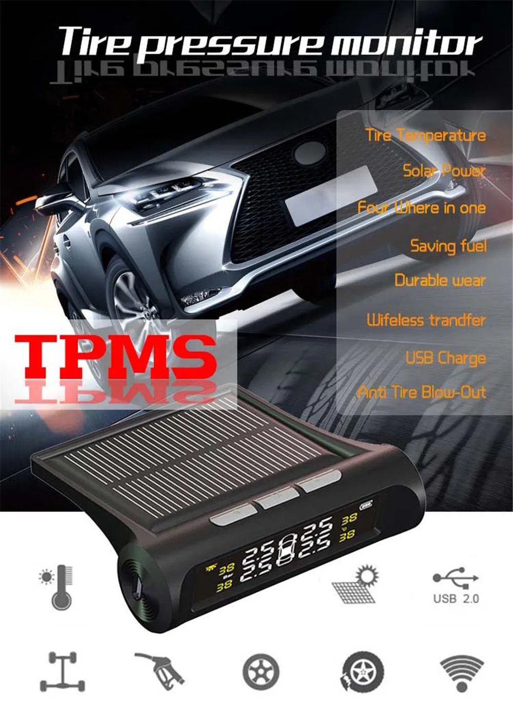 Универсальный TPMS беспроводной Встроенный датчик давления в шинах Система сигнализации Солнечный USB монитор давления в шинах на транспортном средстве TY01A