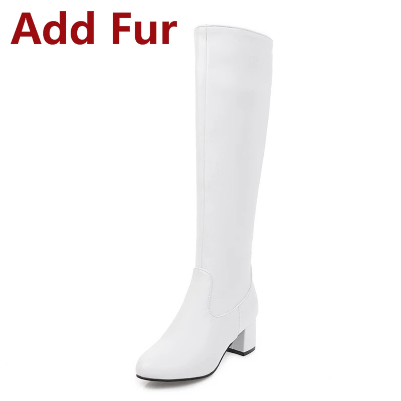 white add fur KARINLUNA/модные сапоги до колена, большие размеры 31-45 теплые зимние сапоги для верховой езды с плюшевой подкладкой на квадратном каблуке Женская обувь черного и белого цвета - Цвет: white add fur