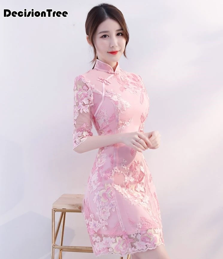 Национальный Ветер женское кружевное короткое cheongsam сексуальный Тан костюм cheongsam кружевное китайское платье розовый черный
