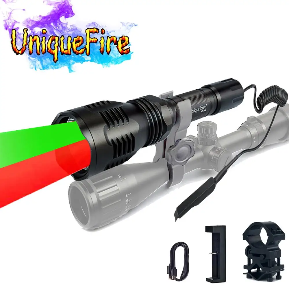 

UniqueFire LED Flashlight 3 Modes HS-802 XRE Green and Red Light Coyote Hog Hunting Torch+Tail Switch Barrel Mount+USB Charger