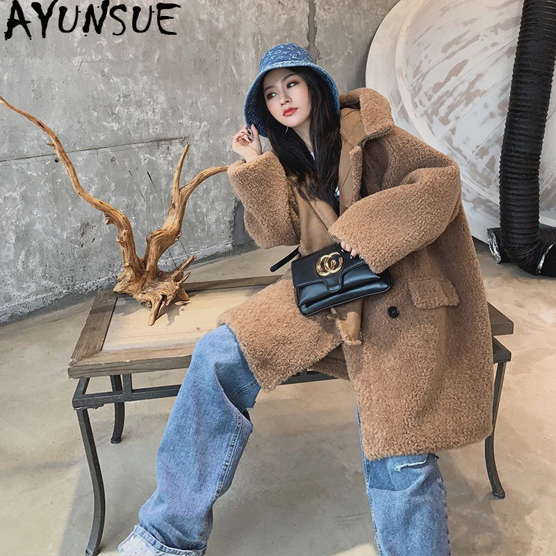 Женское длинное меховое пальто AYUNSUE из овчины с капюшоном зимняя куртка