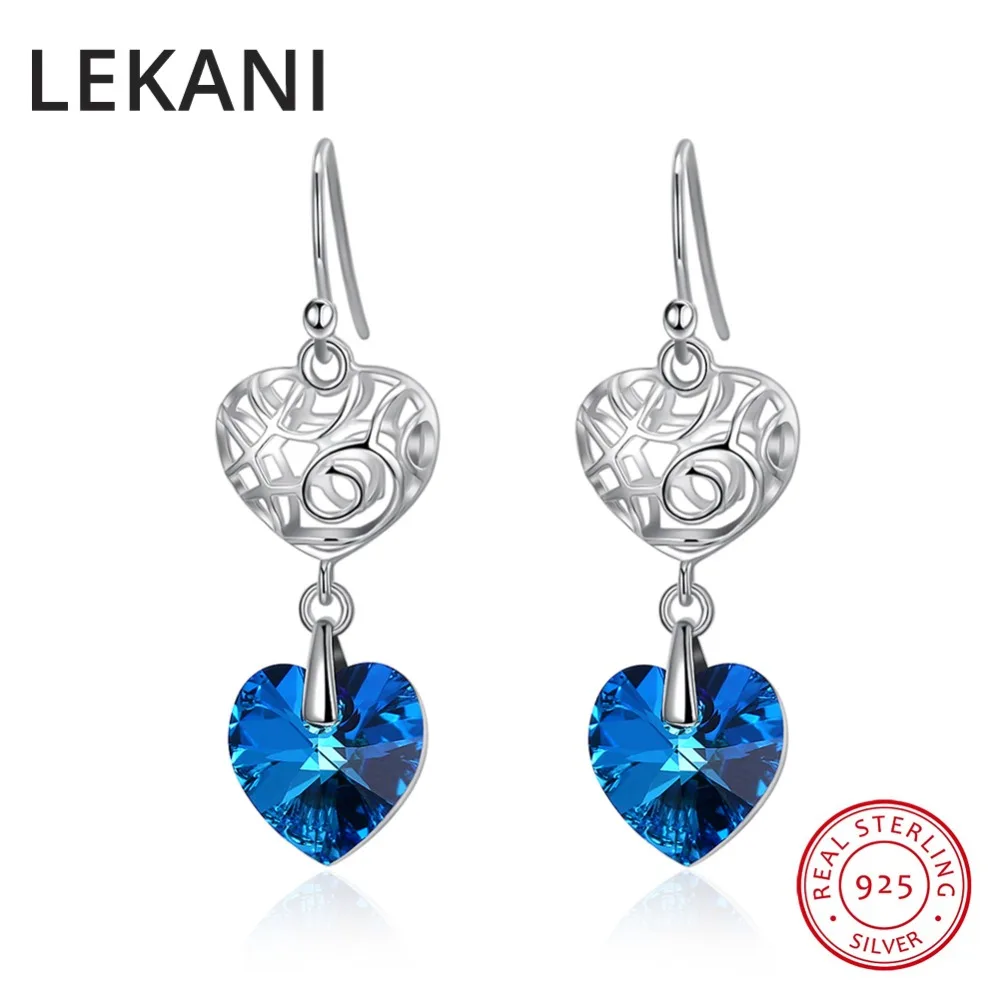 Женские серьги капельки LEKANI из серебра S925 пробы с синими сердцами Сваровски