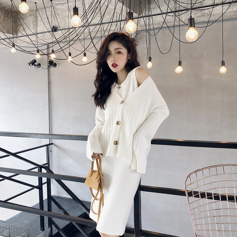 Осенне зимний Повседневный вязаный комплект из 2 предметов однобортный Кардиган