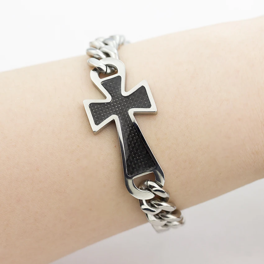 Мужские браслеты из нержавеющей стали черный крест Иисуса амулет Pulseras Mujer