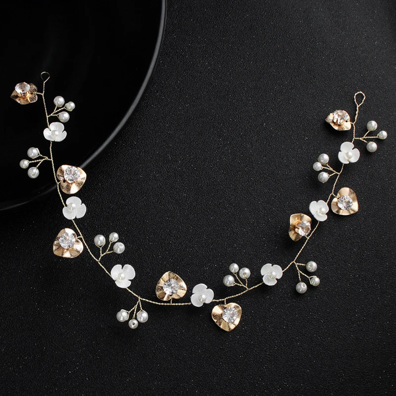 Luxury Handmad Gold Alloy Leaves Crystal Bridal Headband Headpiece Women's Pearl Flower Tiara Hair Vine Wedding Accessories | Украшения