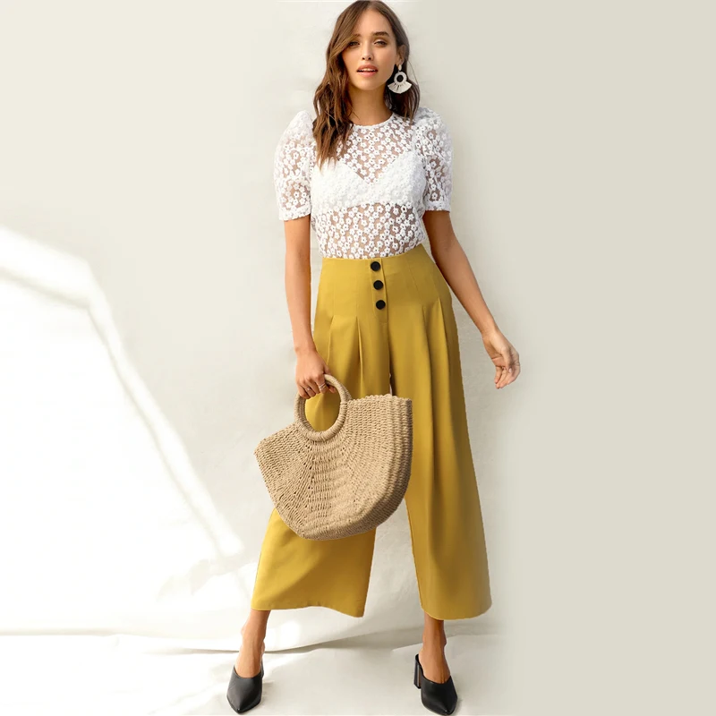 Dotfashion белый узел сзади с пышными рукавами Цветочная вышивка с сеткой женские летние топы летние сексуальные с коротким рукавом корейские блузки