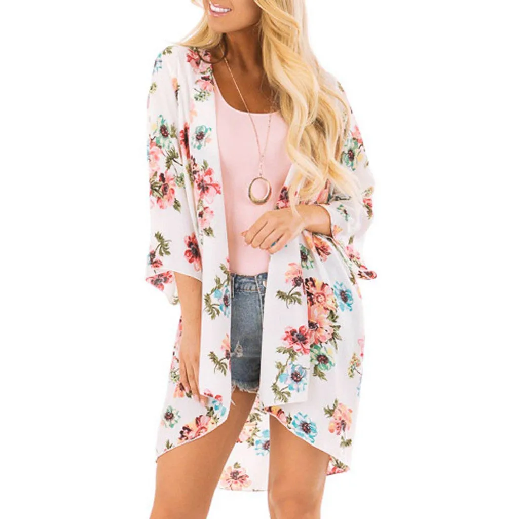 Женские повседневные шифоновые Блузы с цветочным принтом свободные кимоно
