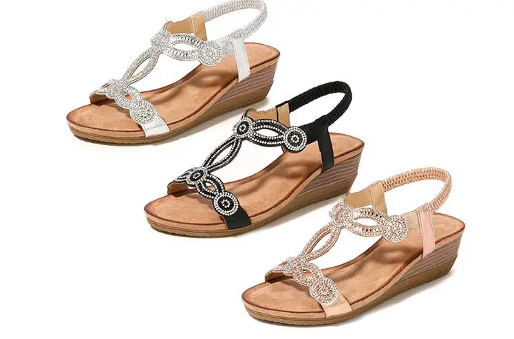 Женские босоножки на танкетке со стразами большие размеры 35 43 новинка