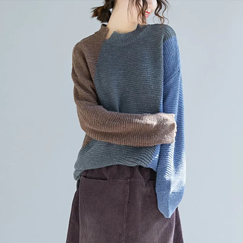 Mferlier Thick Womens Sweaters O Neck Long Sleeve Chic Panelled Patchwork Pullover Loose Casual Ladies Artsy Winter Warm Sweater | Женская