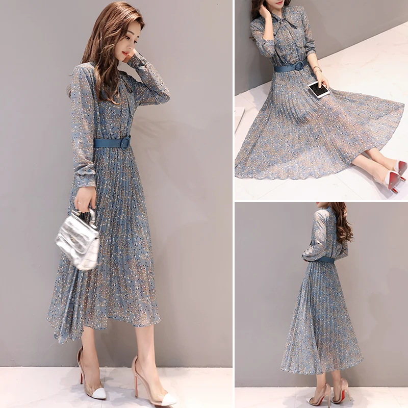 Осенние женские винтажные длинное платье 2018 элегантные шифона с принтом пояс