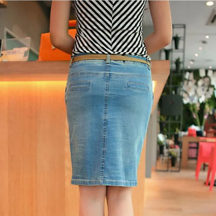 Женская джинсовая юбка до колен облегающая ковбойская с открытыми бедрами и