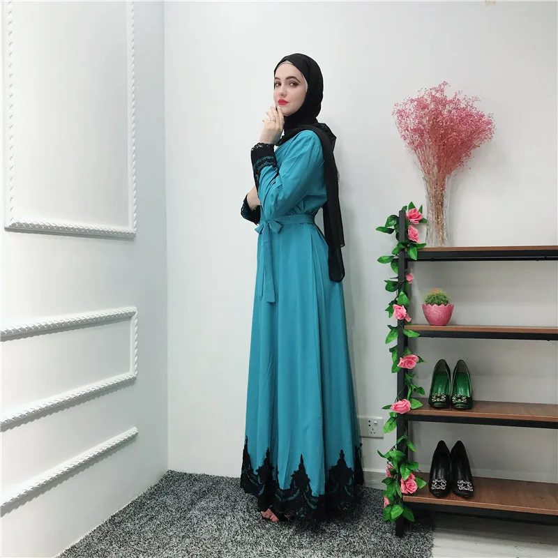 Мусульманское кружевное Макси платье abaya длинные халаты с поясом Туника jilбаб
