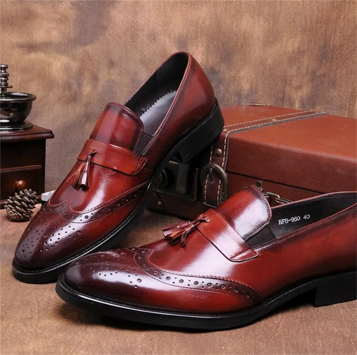 Мужские ботинки с перфорацией типа броги Обувь кисточками Однотонные кожаные