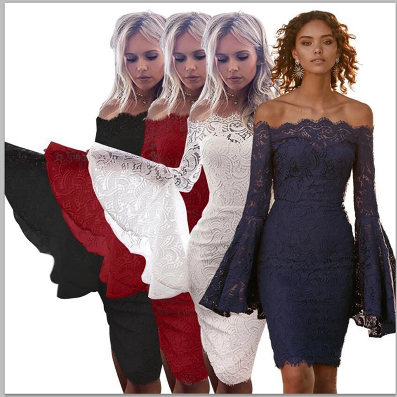 SIMLOVEYO 2019 Summer Women White Lace Elegant Dress Sexy Strapless Horn Long Sleeve Slim Party Bodycon Vestido De Fiesta | Женская