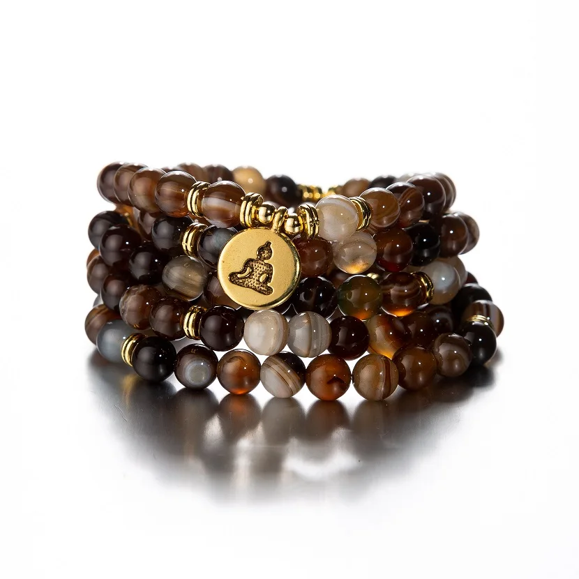 Buddham charm Яркий коричневый линии камни оникс лотоса браслет-бусы пара медитационная Йога браслеты, многослойные эластичный Мала Молитва - Окраска металла: Buddham charm