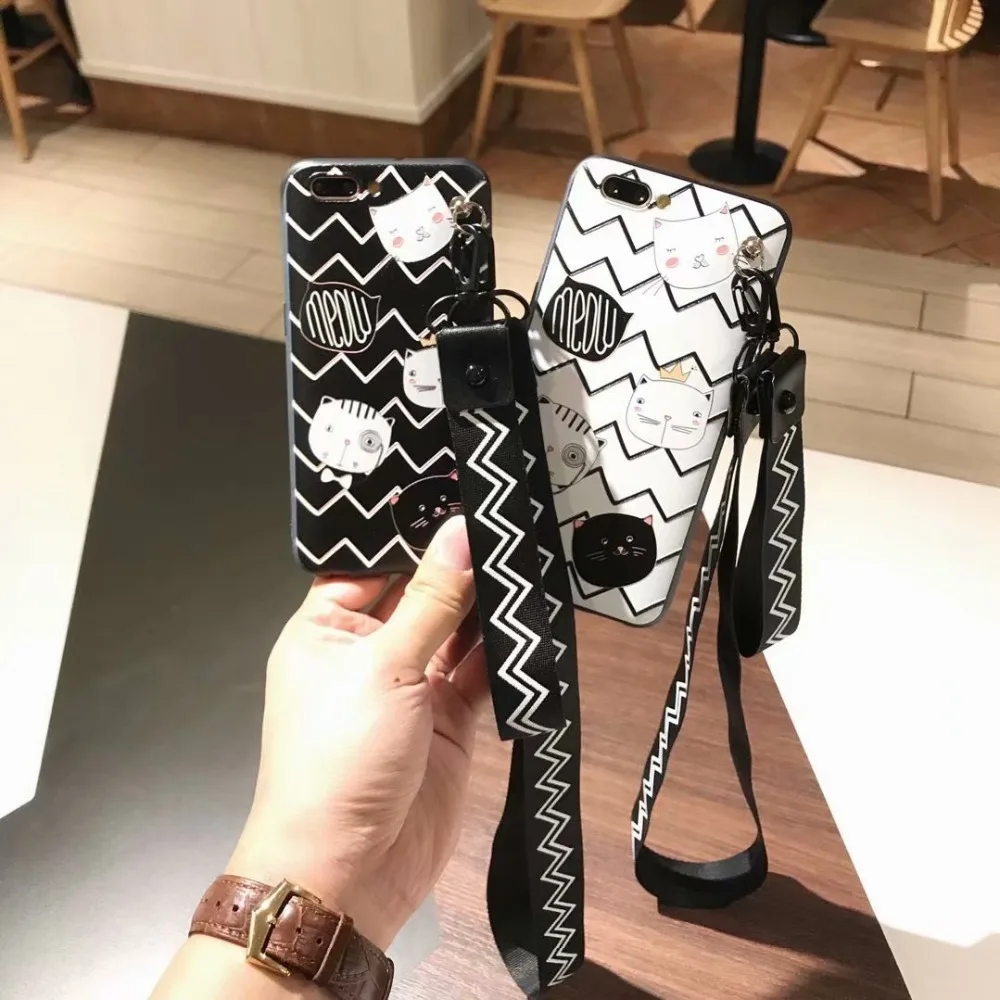 Phone Case For OPPO A57 A59 R15 R11 S R11s Plus R9 R9s Luxury Cute Cat Ripple Cover with lanyard holder Fundas Coque |