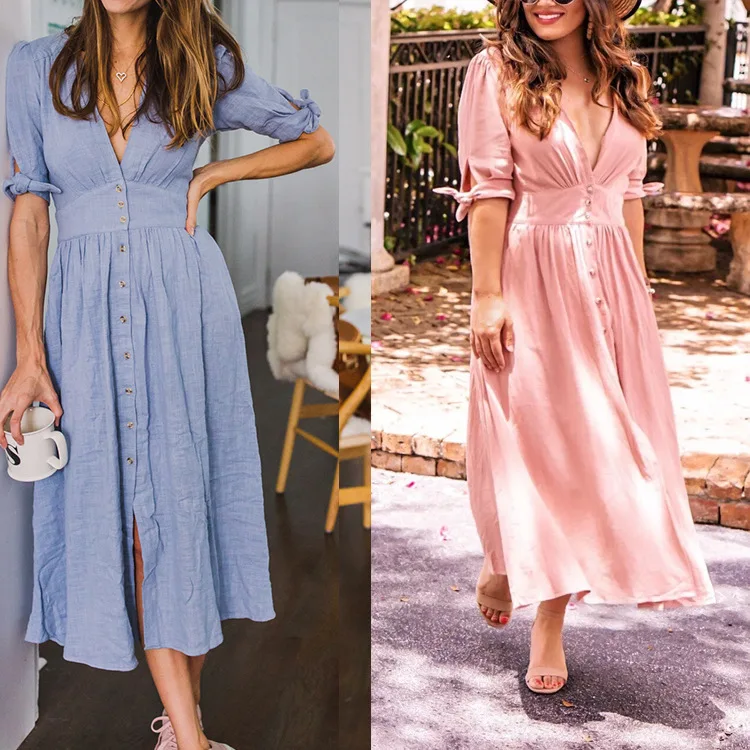 Женское свободное платье макси в стиле бохо однотонное винтажное пляжное с v