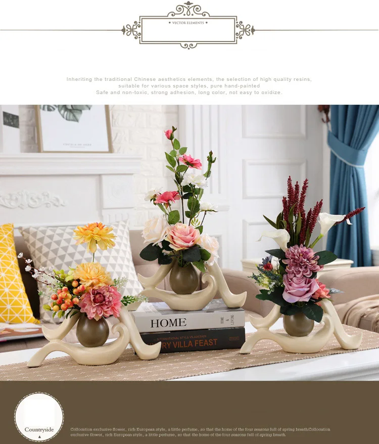 European Creative Ceramic Vase+Artificia Flower Ornament Decoration Modern Home Furnishing Crafts Decor Fake Flower Arrangement