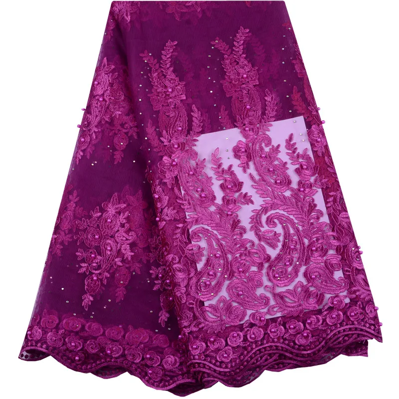 

5Yards/Lot Pink Color Net Lace High Quality Nigerian French Beads Lace African Lace Fabric For Party Dress Free Shipping F1492